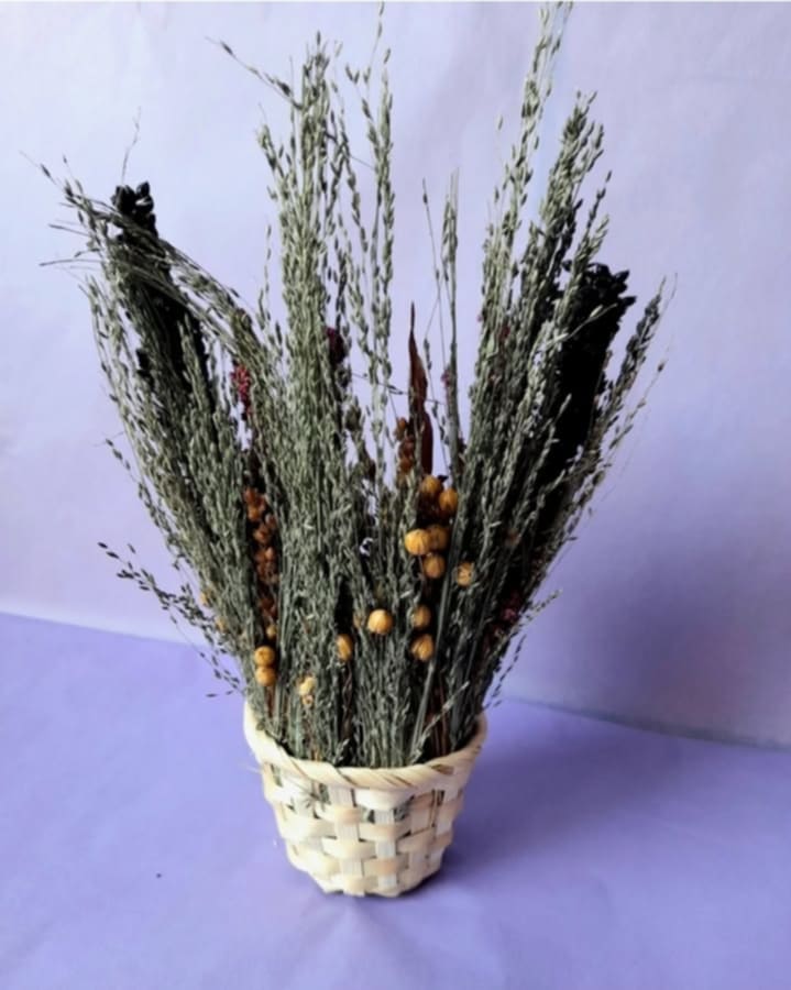 "Handcrafted spray basket filled with natural forage sprays like millet, sorghum, and flax, providing enrichment and foraging fun for small pets."