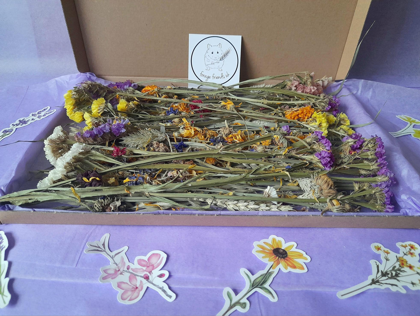 Beautifully crafted bloom boxes filled with dried flowers and natural forage, offering small pets a vibrant and enriching foraging experience